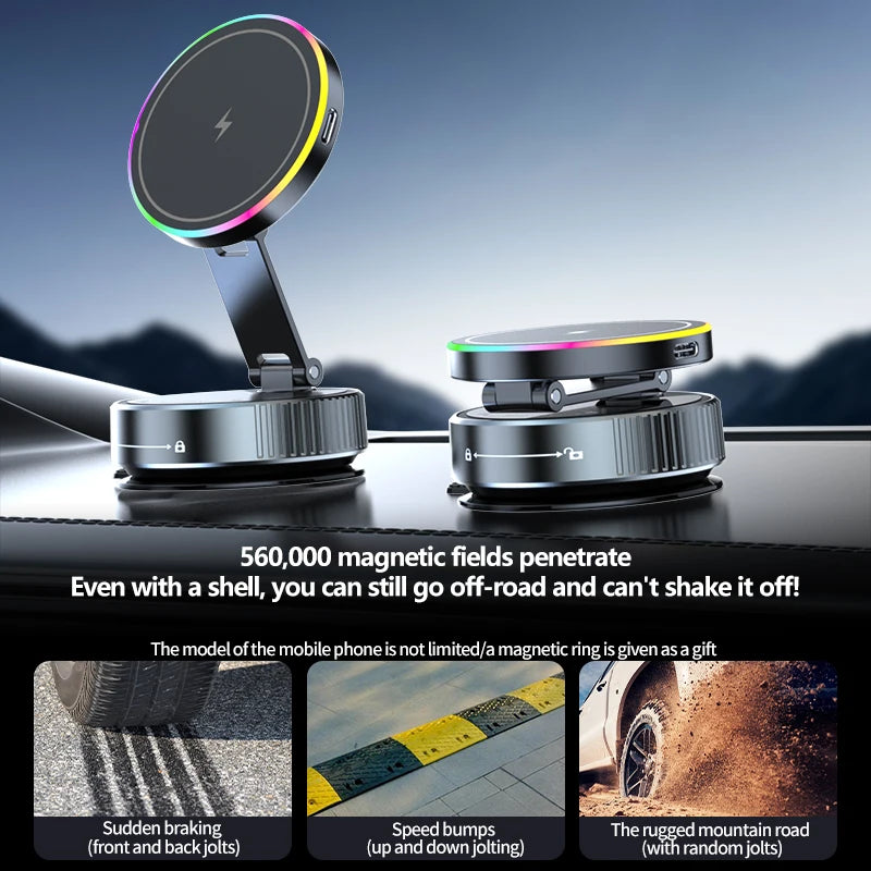 2025 New K3 Wireless Charger Car Phone Holder Colorful Light Vacuum Suction Cup Charging Can 360° Rotate Foldable Phone Holder