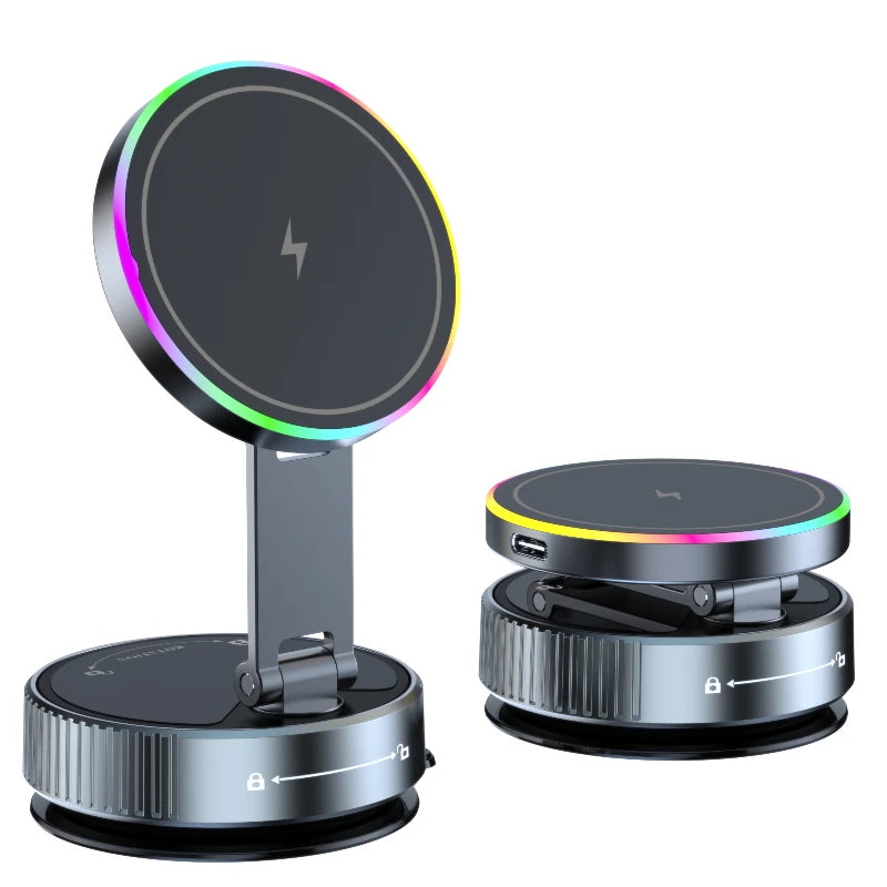 2025 New K3 Wireless Charger Car Phone Holder Colorful Light Vacuum Suction Cup Charging Can 360° Rotate Foldable Phone Holder