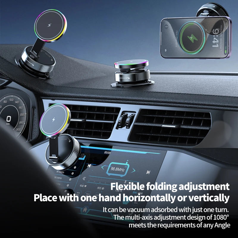 2025 New K3 Wireless Charger Car Phone Holder Colorful Light Vacuum Suction Cup Charging Can 360° Rotate Foldable Phone Holder